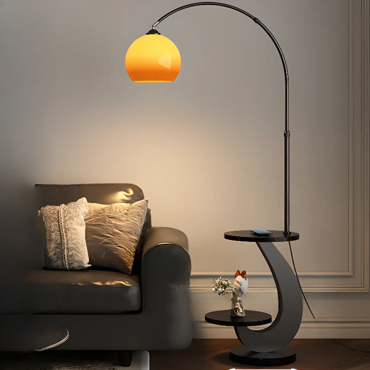 Modern Globe Glass Arc Floor Lamp with Side Table & USB Port Image - 4