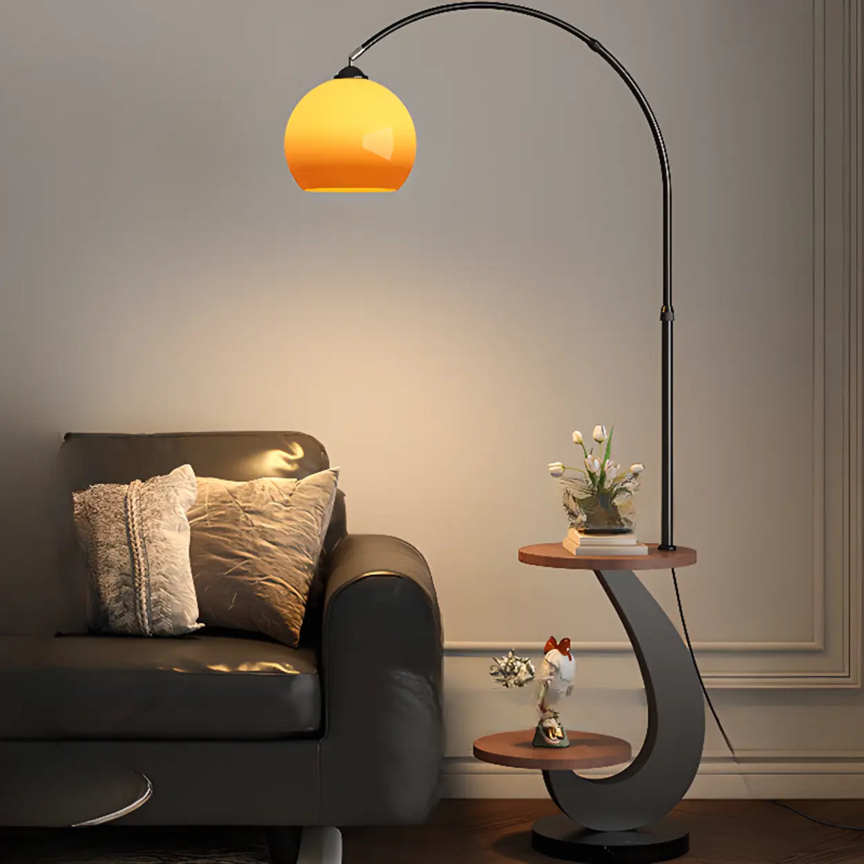 Modern Globe Glass Arc Floor Lamp with Side Table & USB Port Image - 9