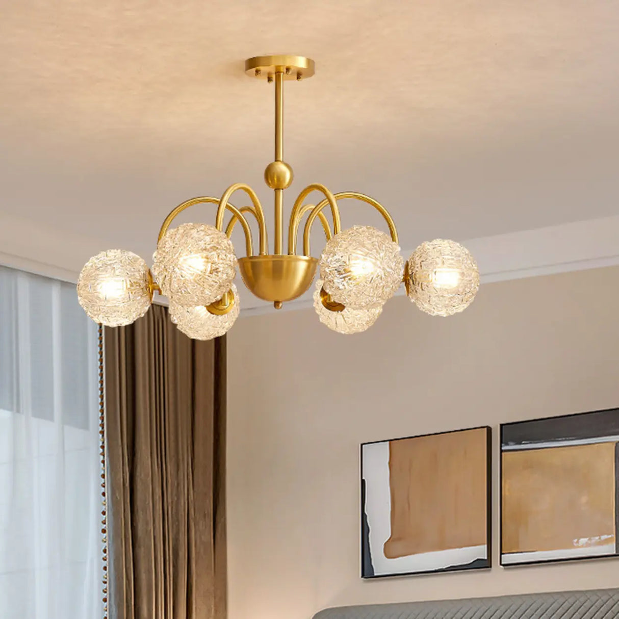 Modern Gold 6-Light Ceiling Lamp with Crystal Glass Globes Image - 1