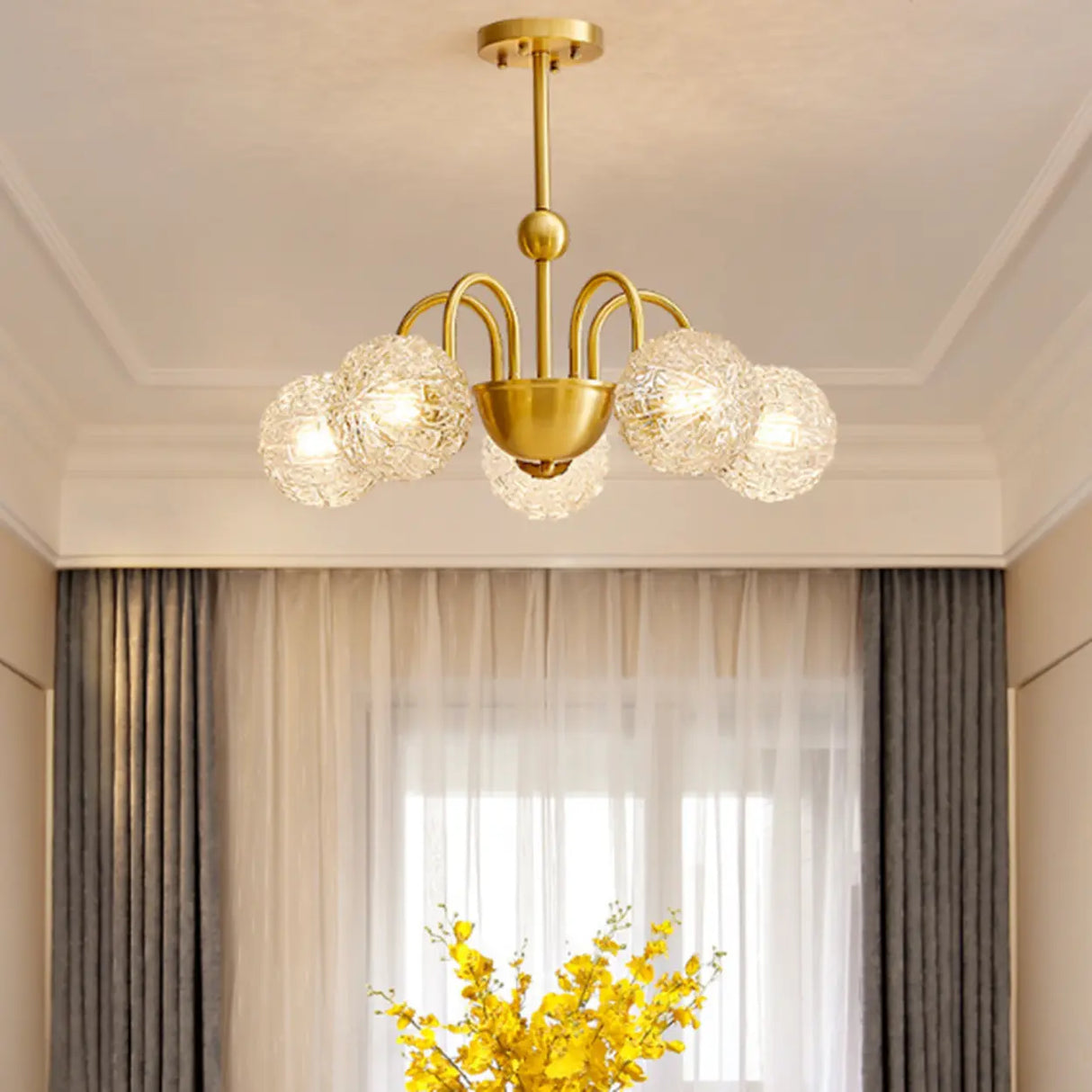 Modern Gold 6-Light Ceiling Lamp with Crystal Glass Globes Image - 2