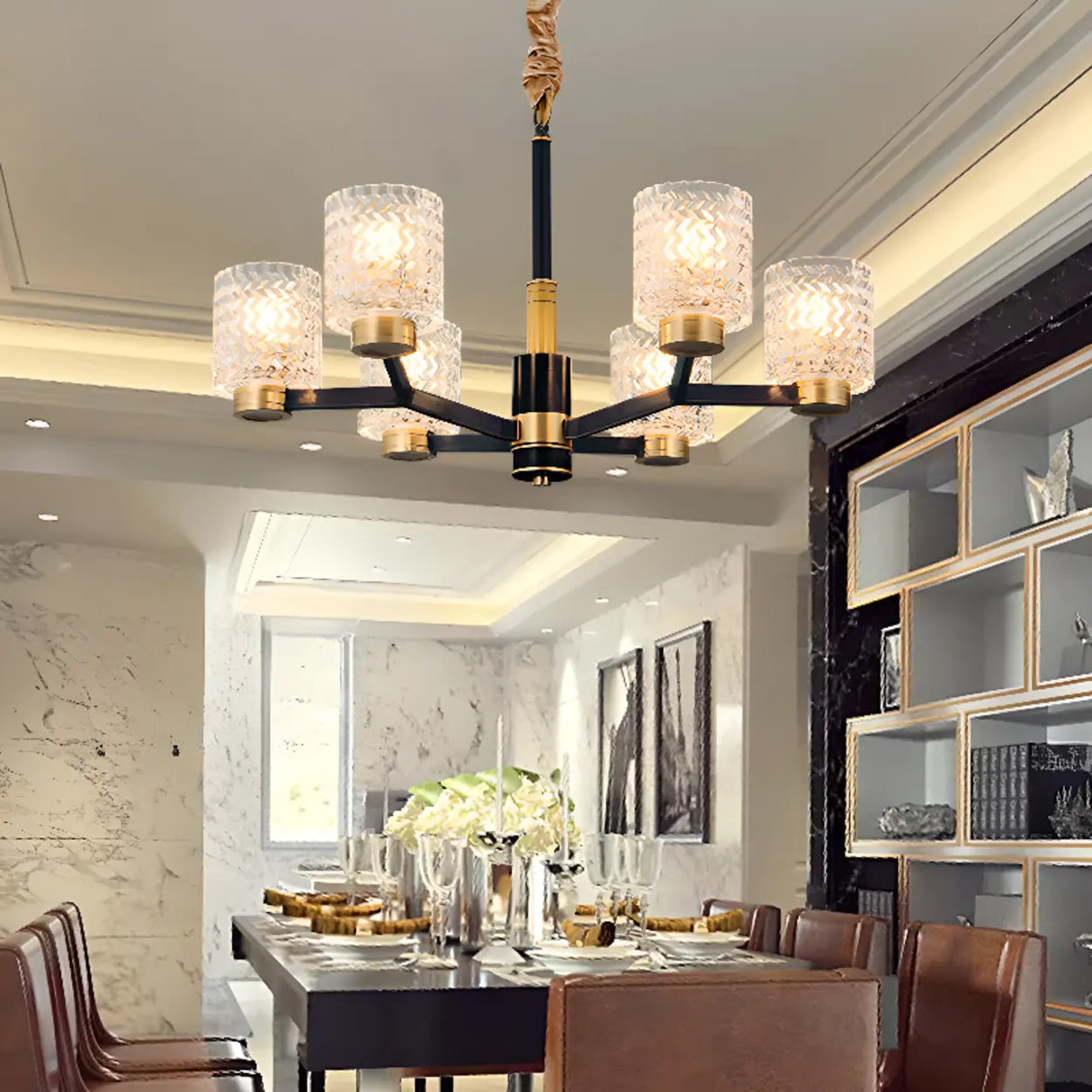 Modern Gold and Black Chandelier with Glass Shades, 8-Light Image - 6