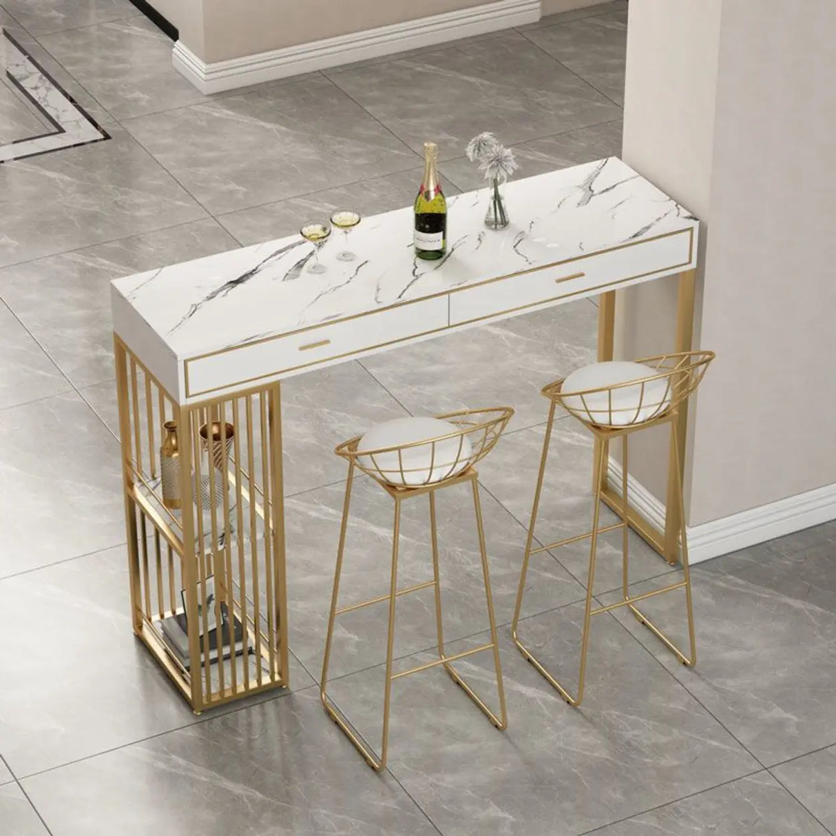 Modern Gold Bar Height Table with Storage Shelves Image - 1