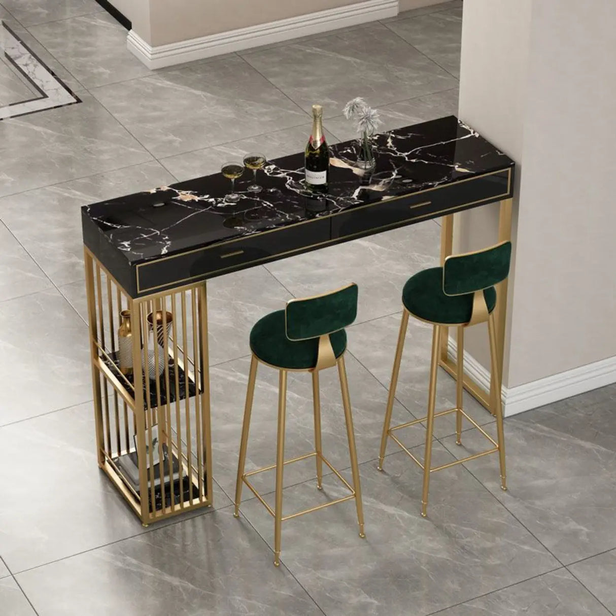 Modern Gold Bar Height Table with Storage Shelves Image - 4