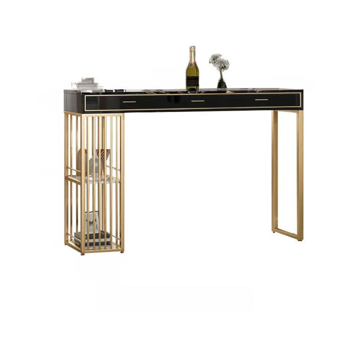 Modern Gold Bar Height Table with Storage Shelves Image - 7