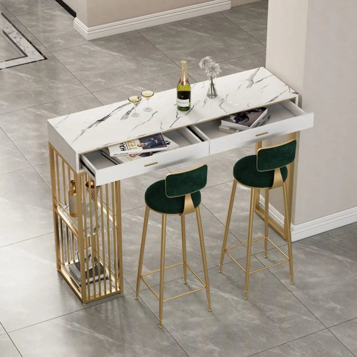 Modern Gold Bar Height Table with Storage Shelves Image - 8