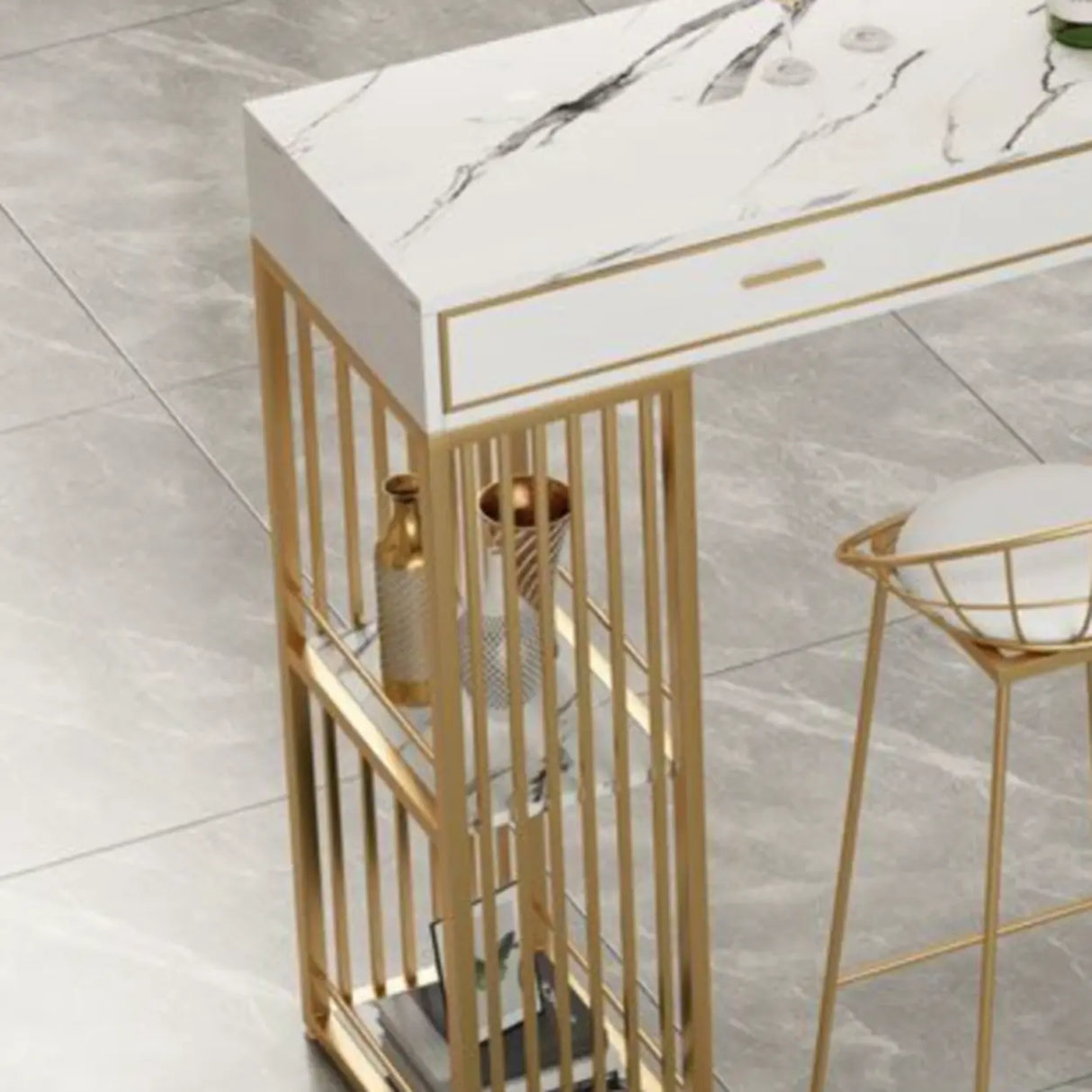 Modern Gold Bar Height Table with Storage Shelves Image - 9