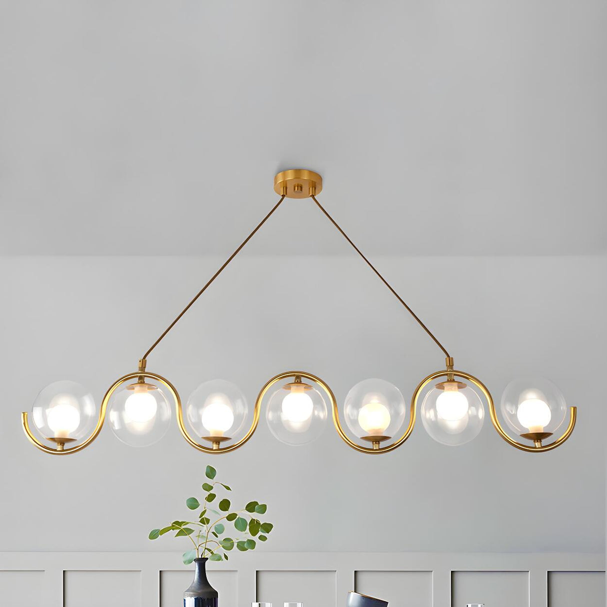 Modern Gold Clear Glass Ball Wave Linear Chandelier Image - 3