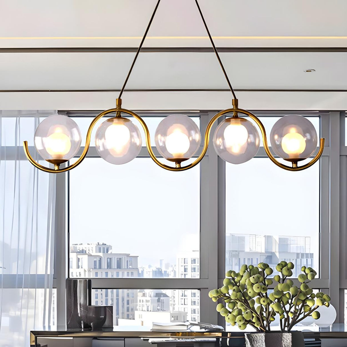 Modern Gold Clear Glass Ball Wave Linear Chandelier Image - 4