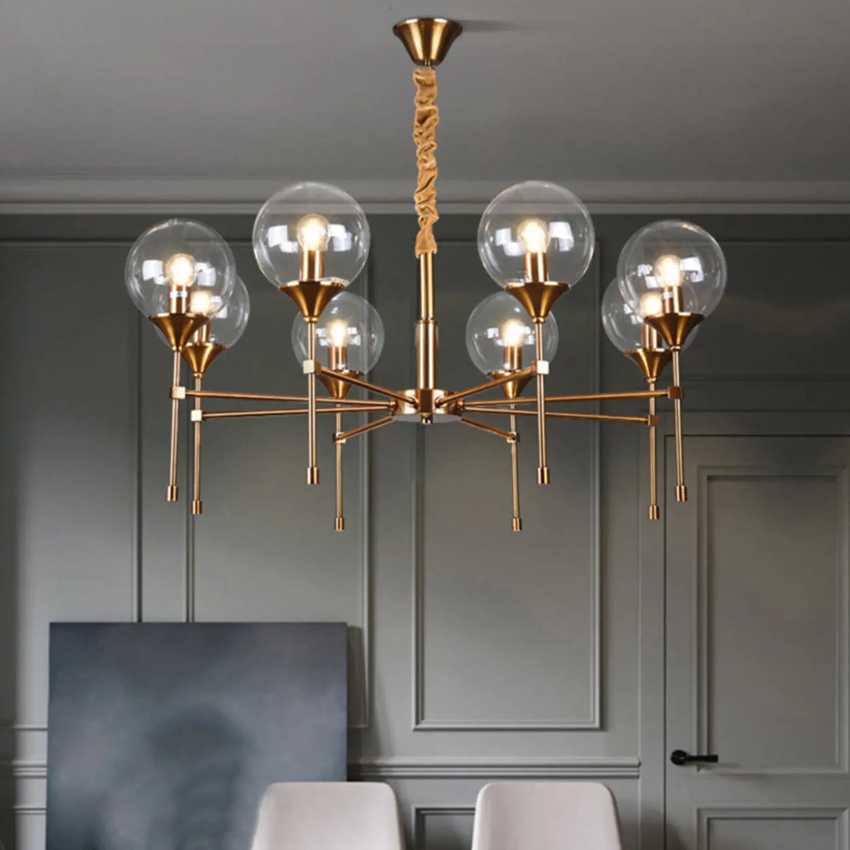 Modern Gold Clear Globe Glass Chandelier Adjustable Chain Image - 1