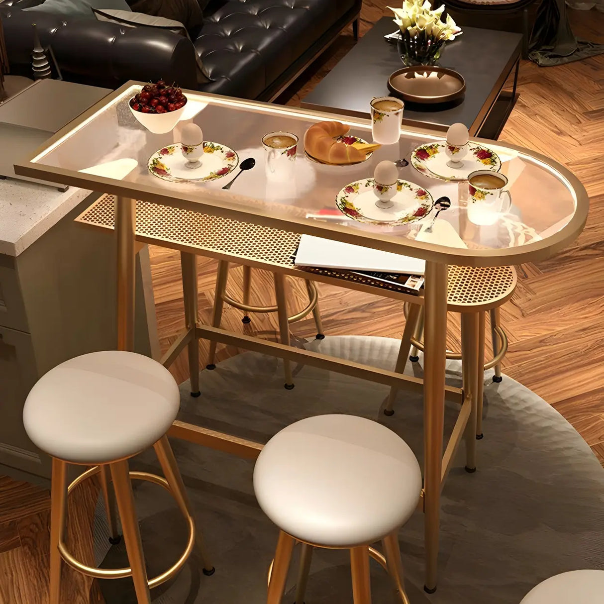 Modern Gold Counter Height Bar Table with Storage Shelf Image - 2