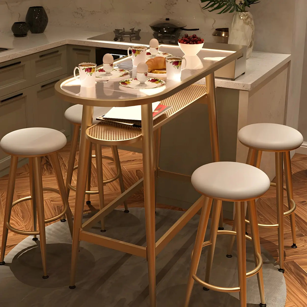 Modern Gold Counter Height Bar Table with Storage Shelf Image - 3