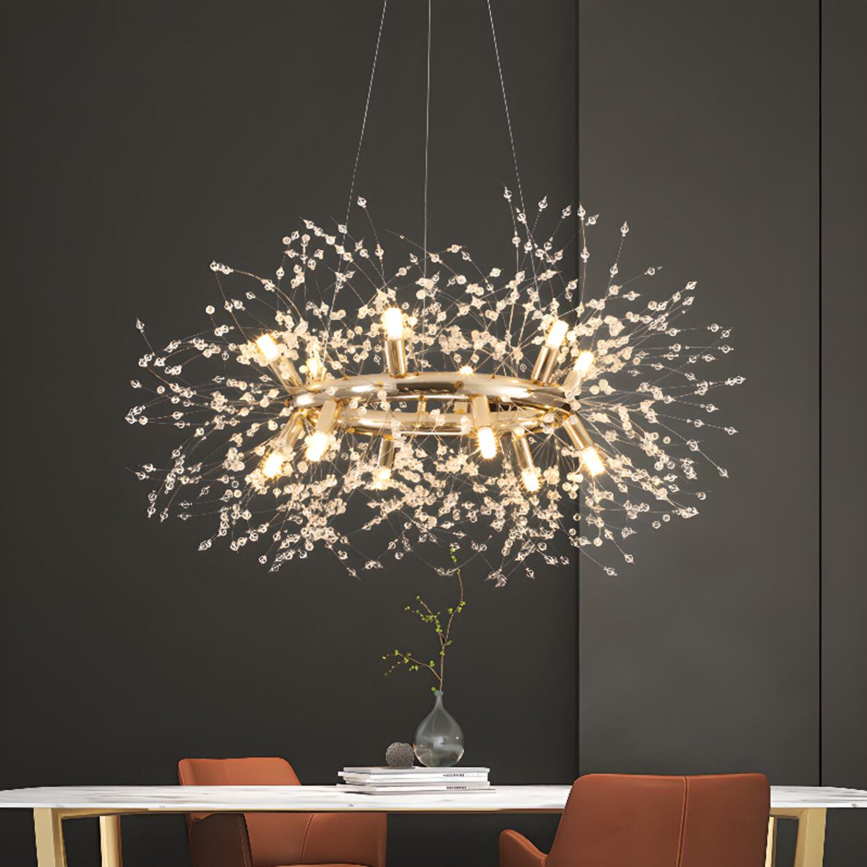 Modern Gold Crystal Halo Chandelier Adjustable Height Image - 5