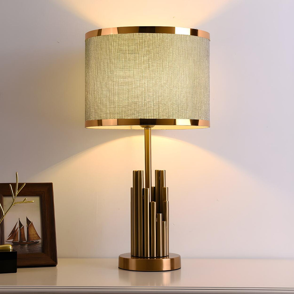 Modern Gold Drum Fabric Shade Metal Bedside Table Lamp Image - 1