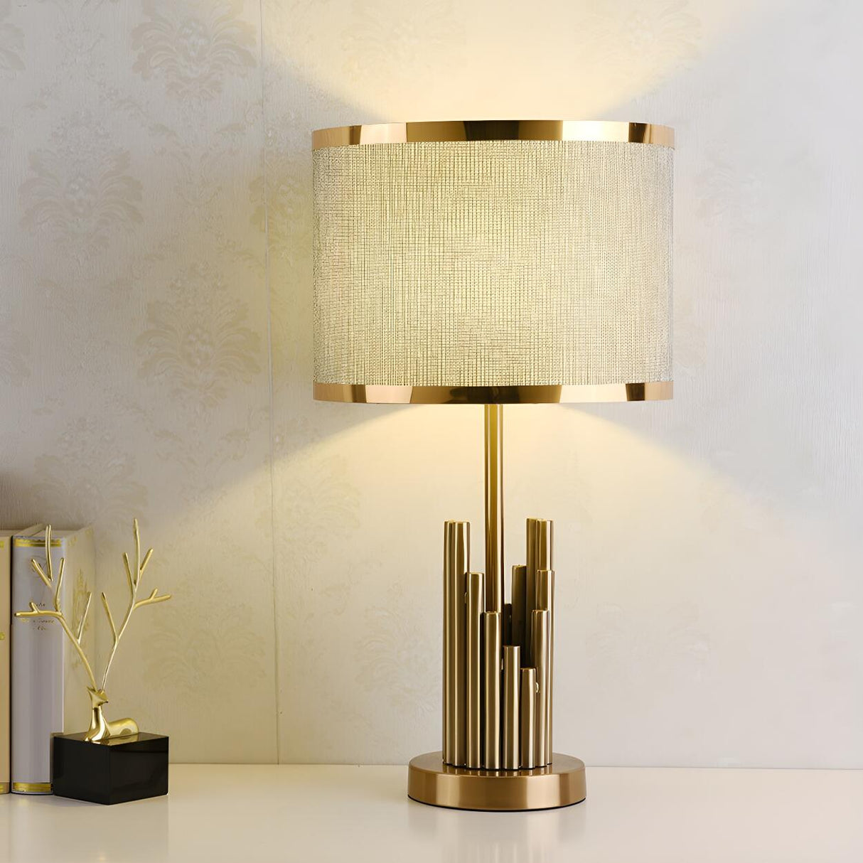 Modern Gold Drum Fabric Shade Metal Bedside Table Lamp Image - 10