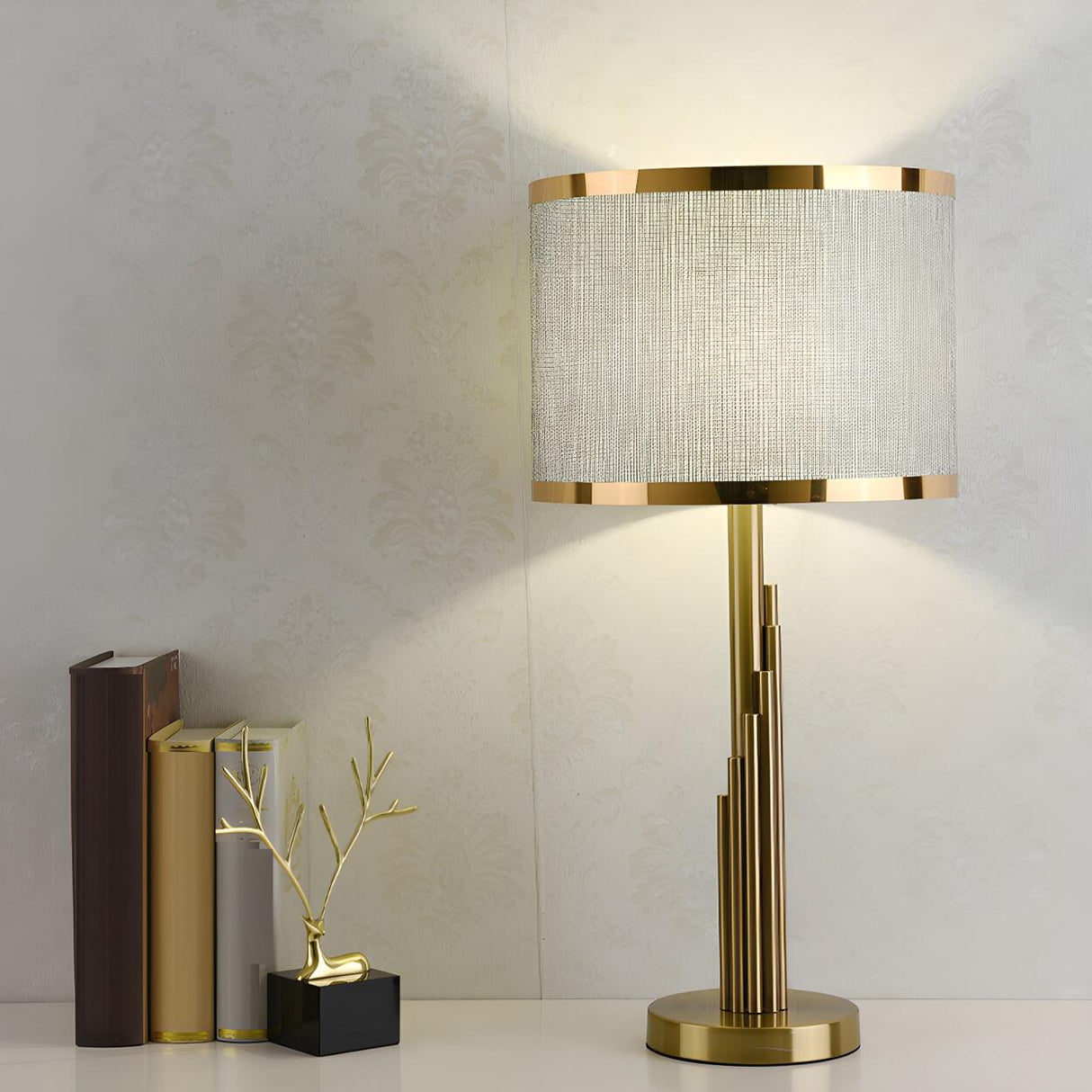 Modern Gold Drum Fabric Shade Metal Bedside Table Lamp Image - 11