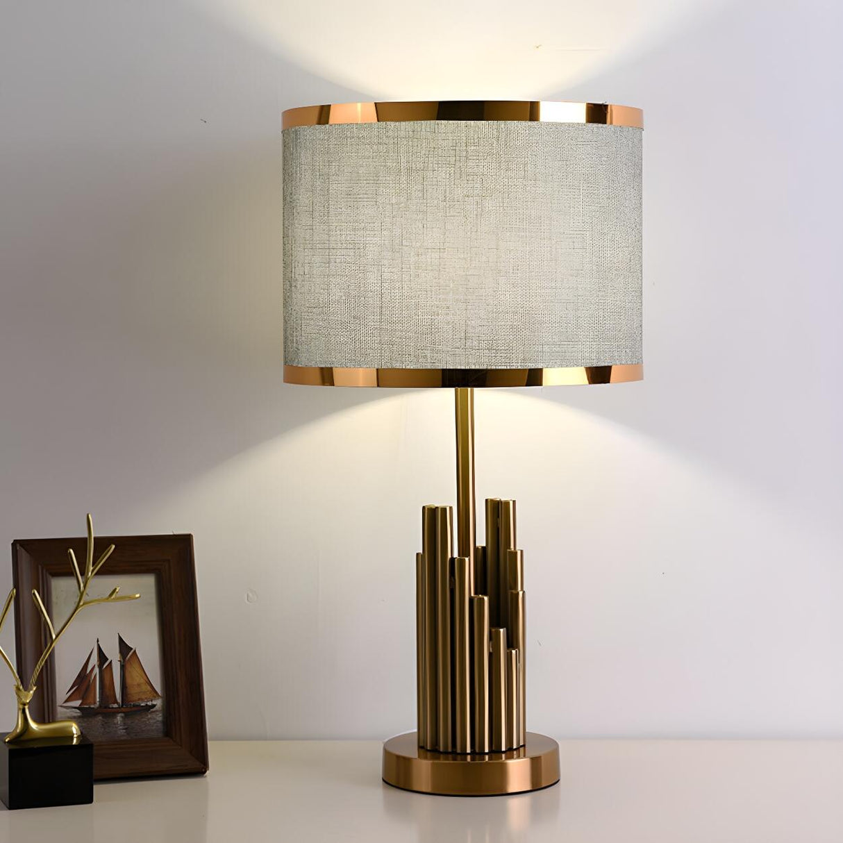 Modern Gold Drum Fabric Shade Metal Bedside Table Lamp Image - 12