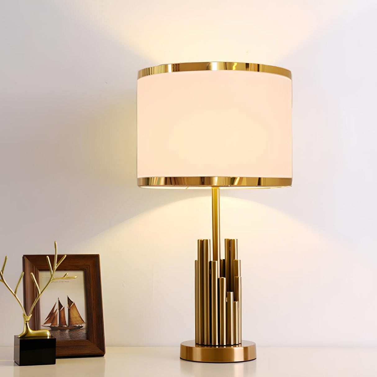 Modern Gold Drum Fabric Shade Metal Bedside Table Lamp Image - 3