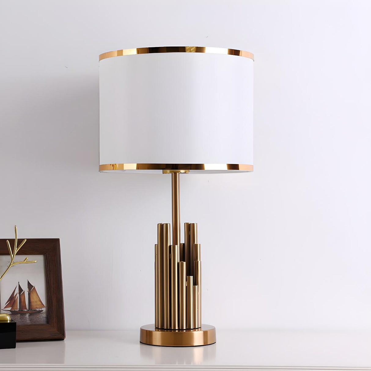 Modern Gold Drum Fabric Shade Metal Bedside Table Lamp Image - 4