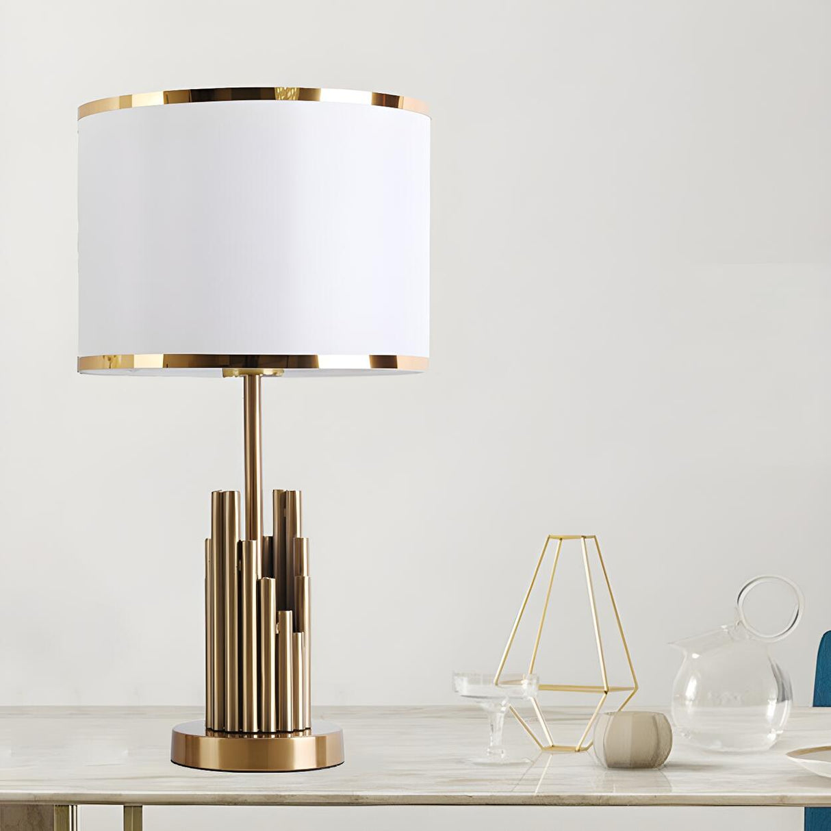 Modern Gold Drum Fabric Shade Metal Bedside Table Lamp Image - 5
