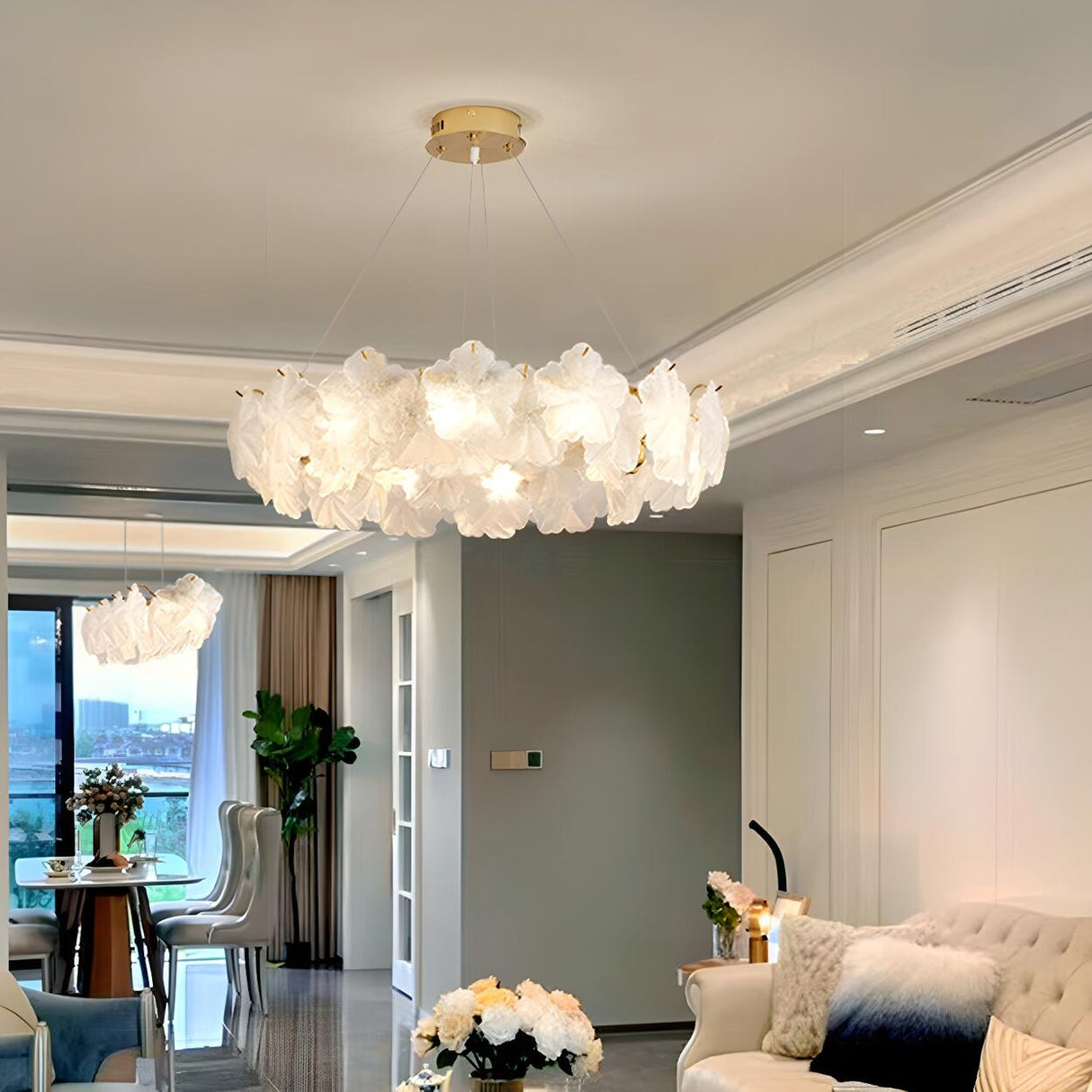 Modern Gold Flower Glass Petals Pendant Chandelier Image - 1