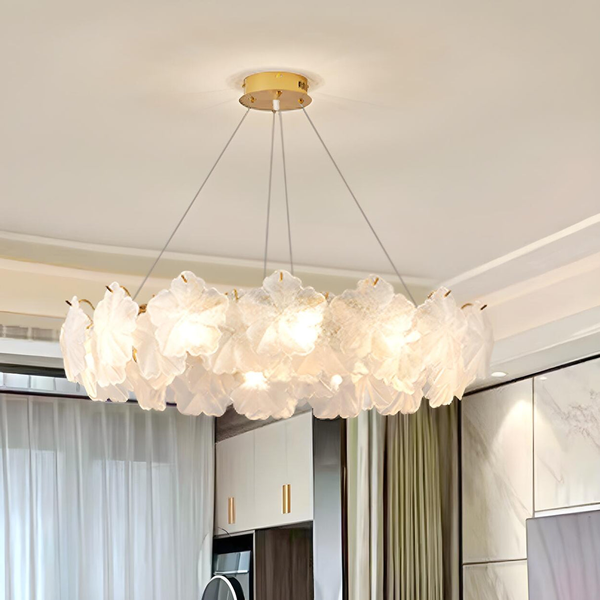 Modern Gold Flower Glass Petals Pendant Chandelier Image - 5
