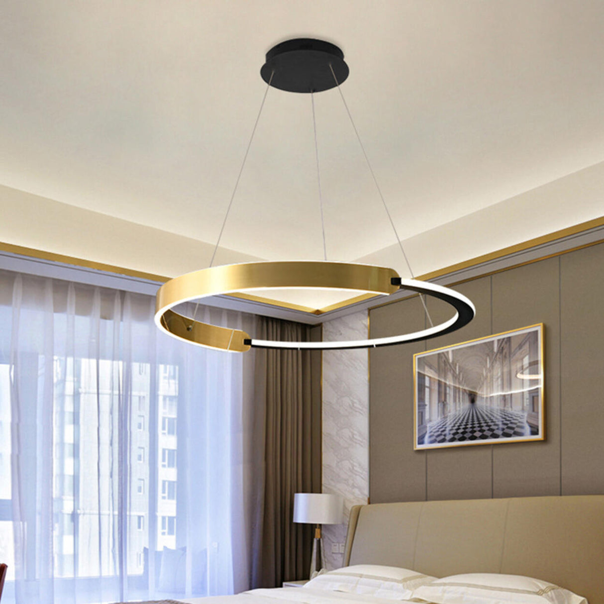 Modern Gold LED Ring Chandelier Adjustable Height Image - 3