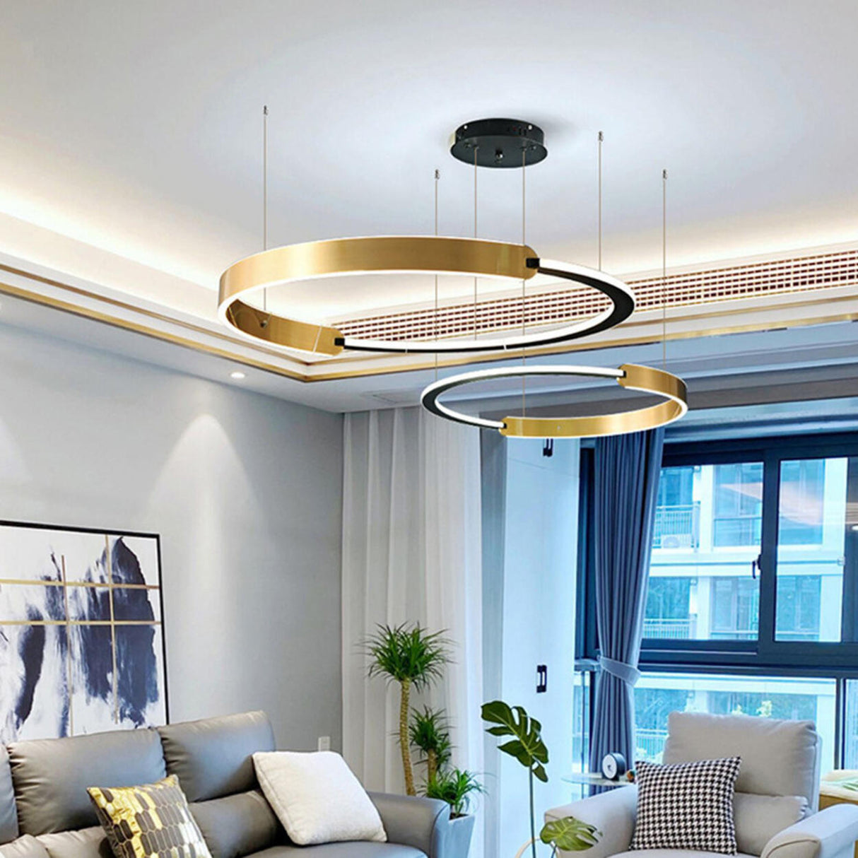 Modern Gold LED Ring Chandelier Adjustable Height Image - 4