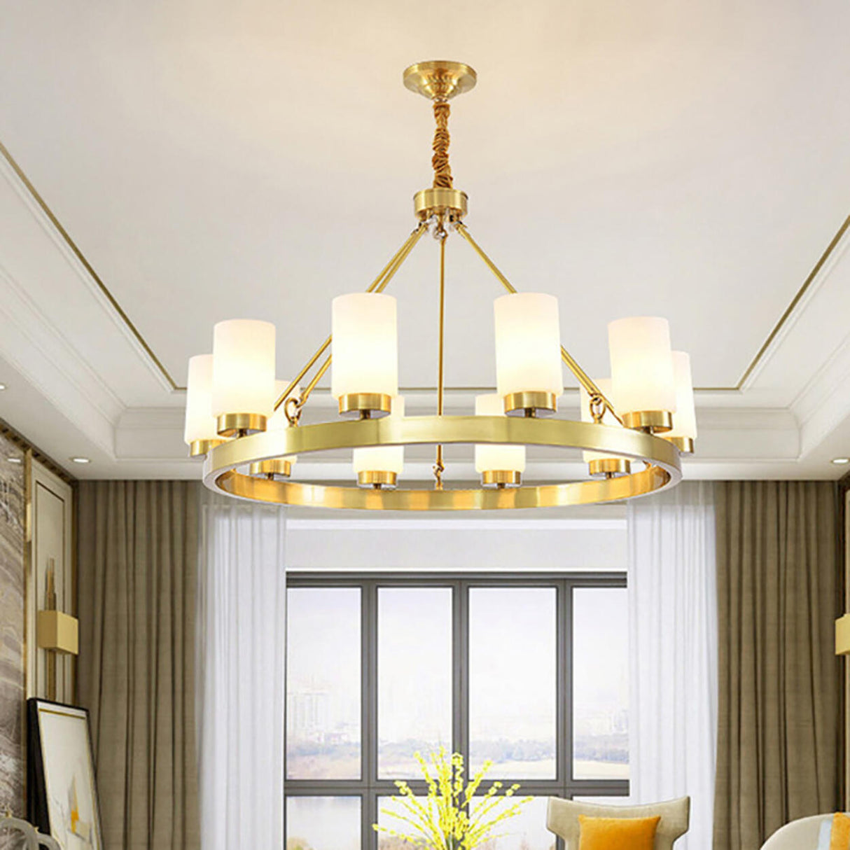 Modern Gold Ring Frosted Glass Cylinder Chandelier Image - 1