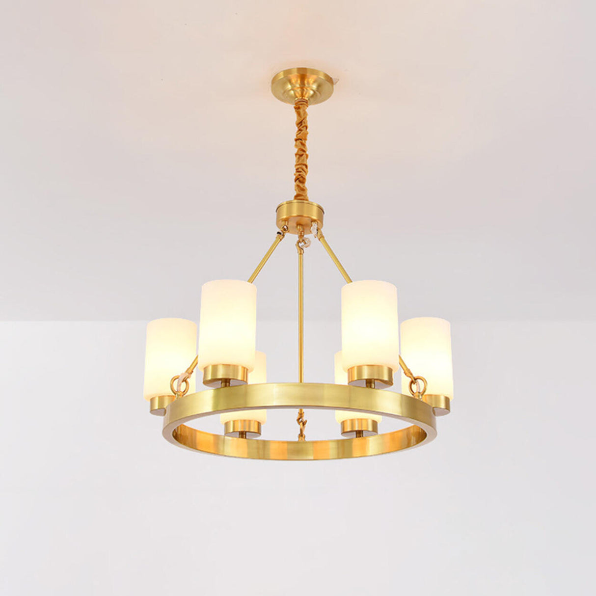 Modern Gold Ring Frosted Glass Cylinder Chandelier Image - 11