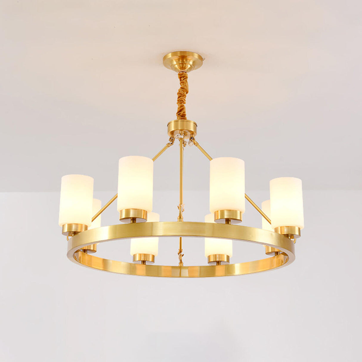 Modern Gold Ring Frosted Glass Cylinder Chandelier Image - 12