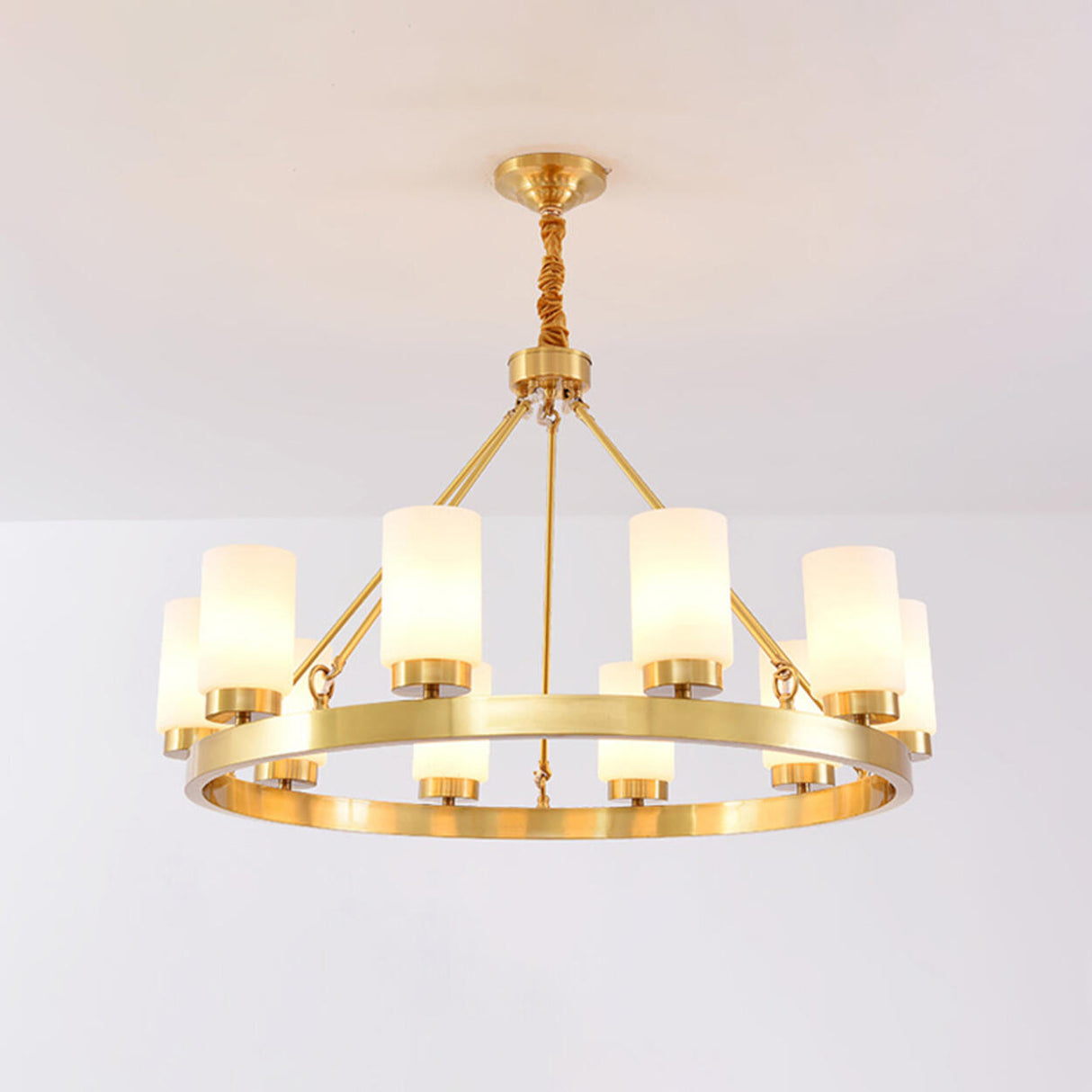 Modern Gold Ring Frosted Glass Cylinder Chandelier Image - 13
