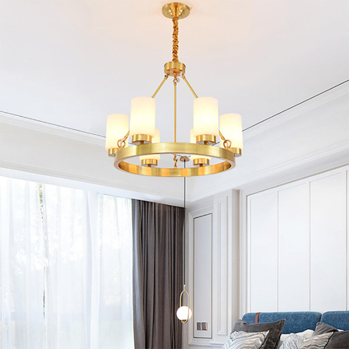 Modern Gold Ring Frosted Glass Cylinder Chandelier Image - 19
