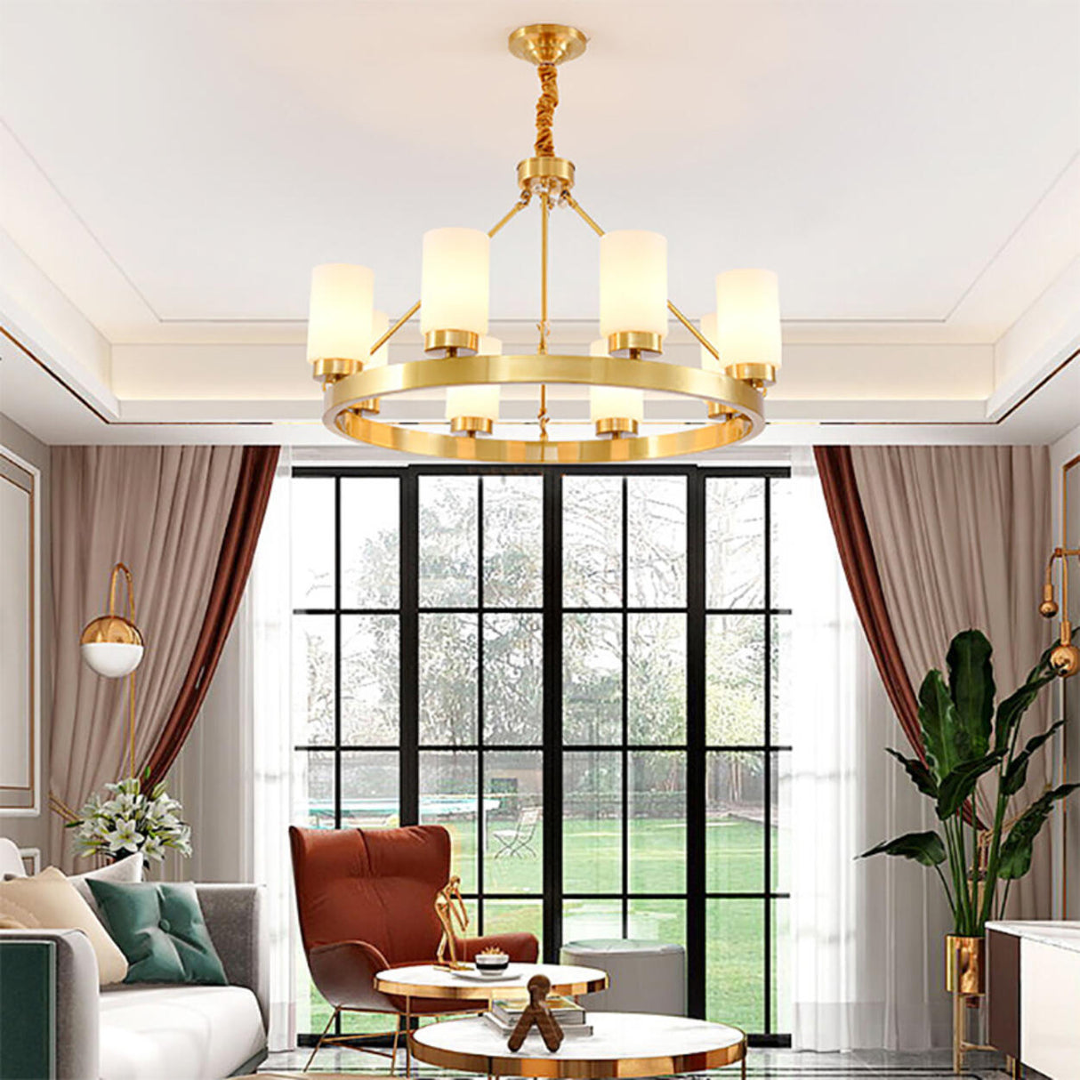 Modern Gold Ring Frosted Glass Cylinder Chandelier Image - 20