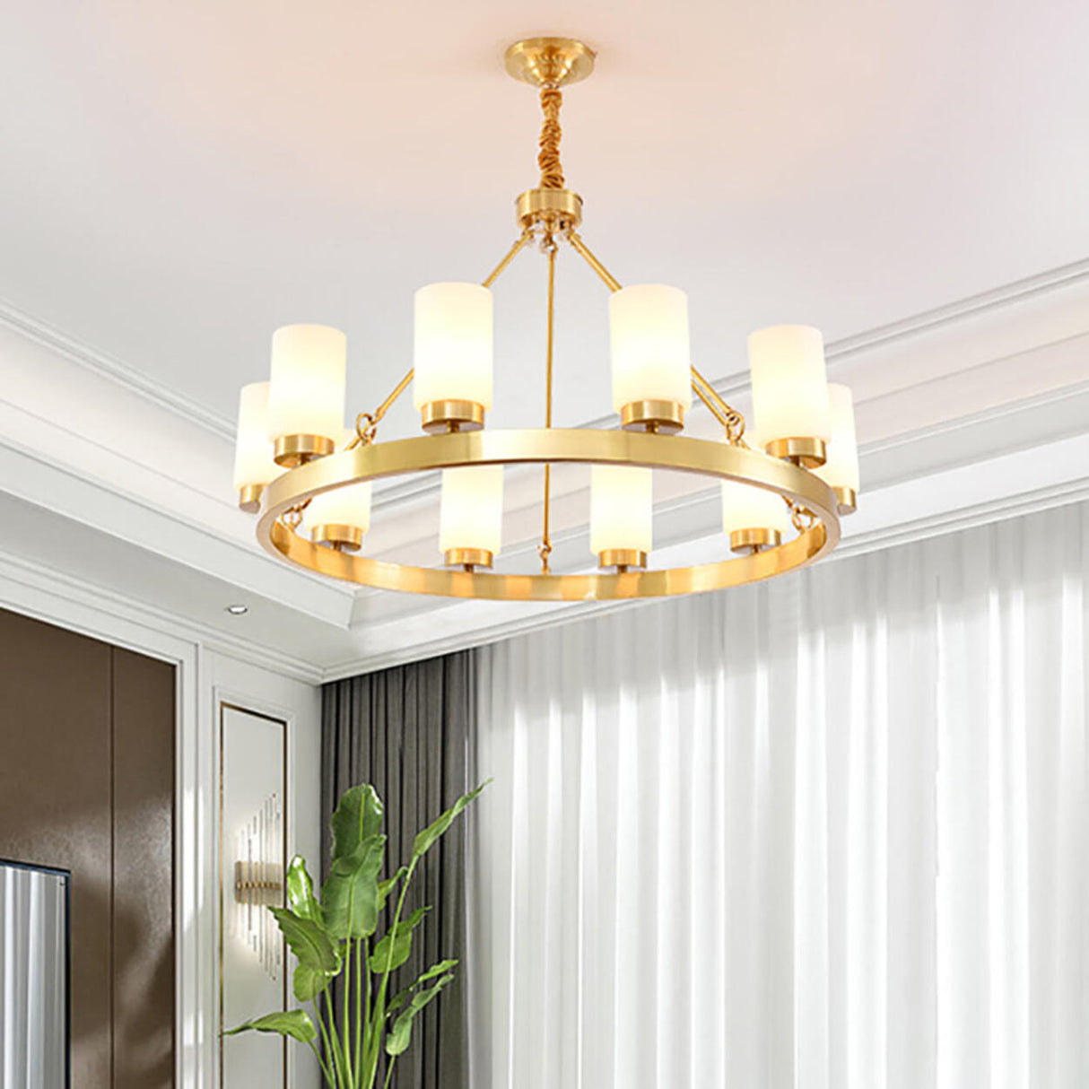 Modern Gold Ring Frosted Glass Cylinder Chandelier Image - 21