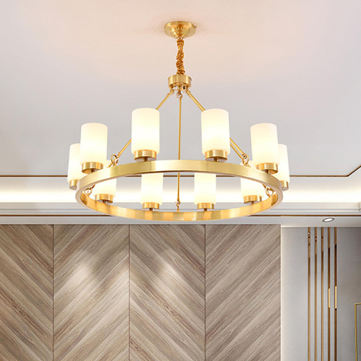 Modern Gold Ring Frosted Glass Cylinder Chandelier Image - 22