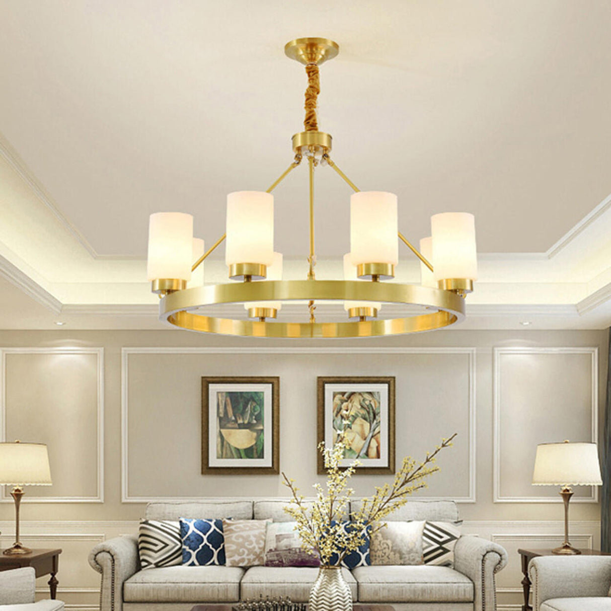 Modern Gold Ring Frosted Glass Cylinder Chandelier Image - 3