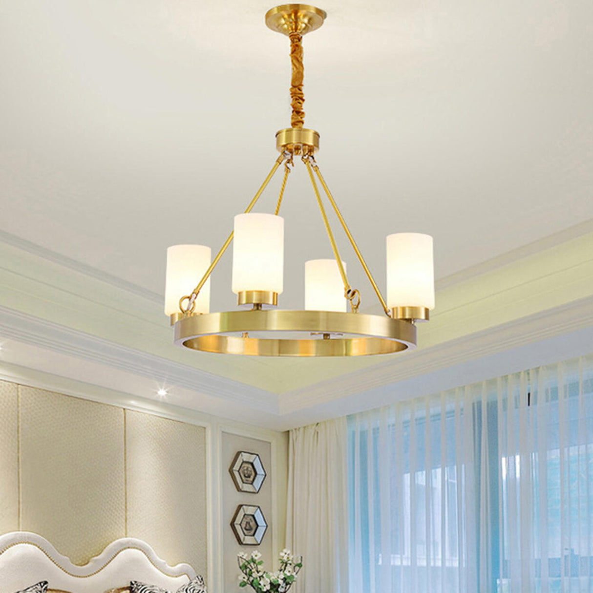 Modern Gold Ring Frosted Glass Cylinder Chandelier Image - 4