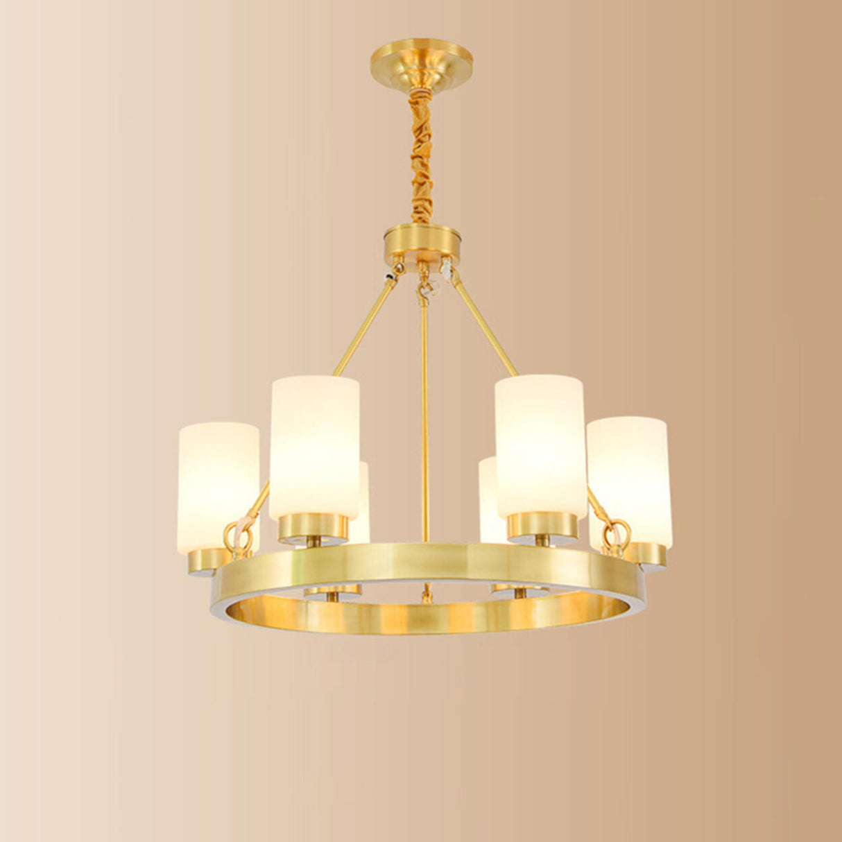 Modern Gold Ring Frosted Glass Cylinder Chandelier Image - 7