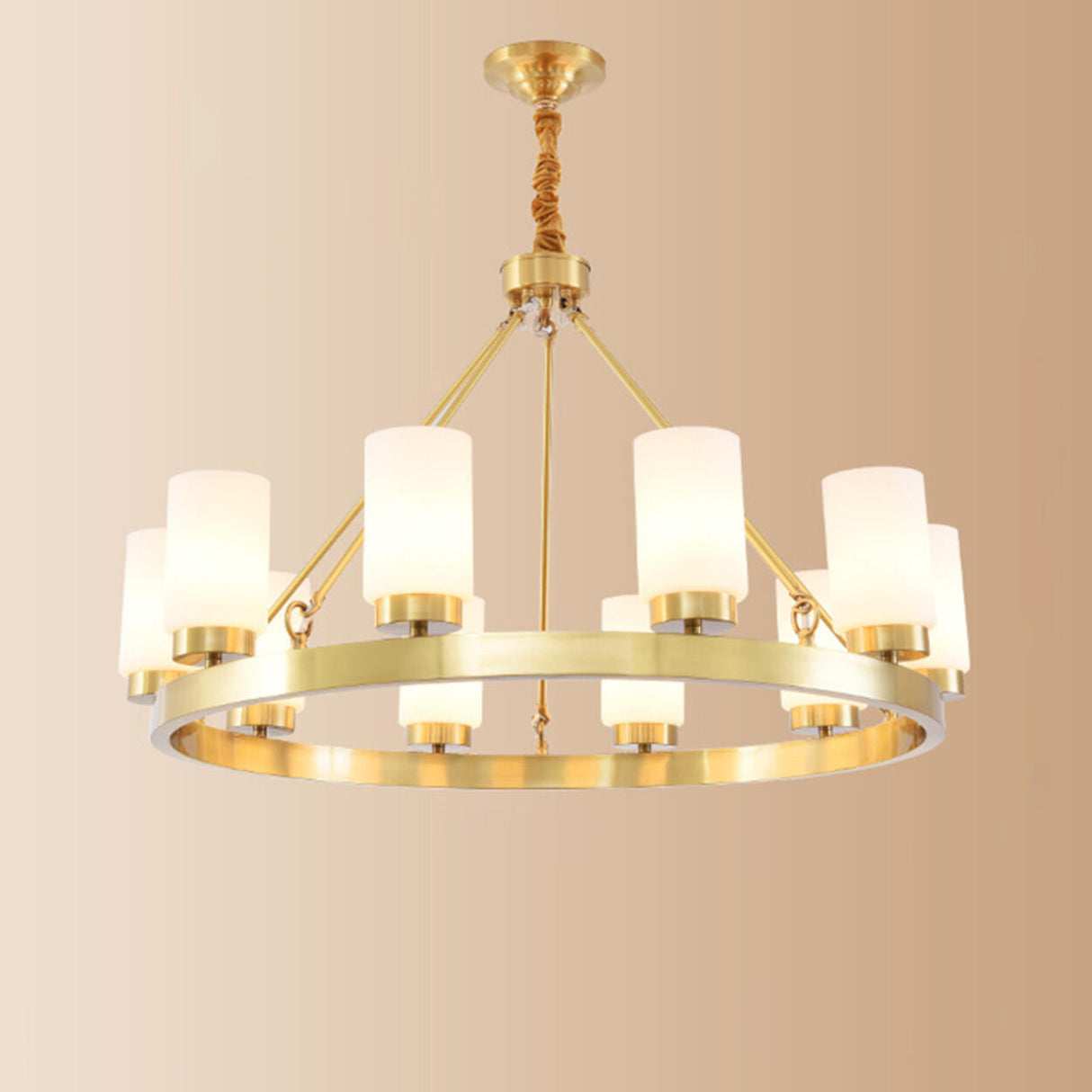 Modern Gold Ring Frosted Glass Cylinder Chandelier Image - 9