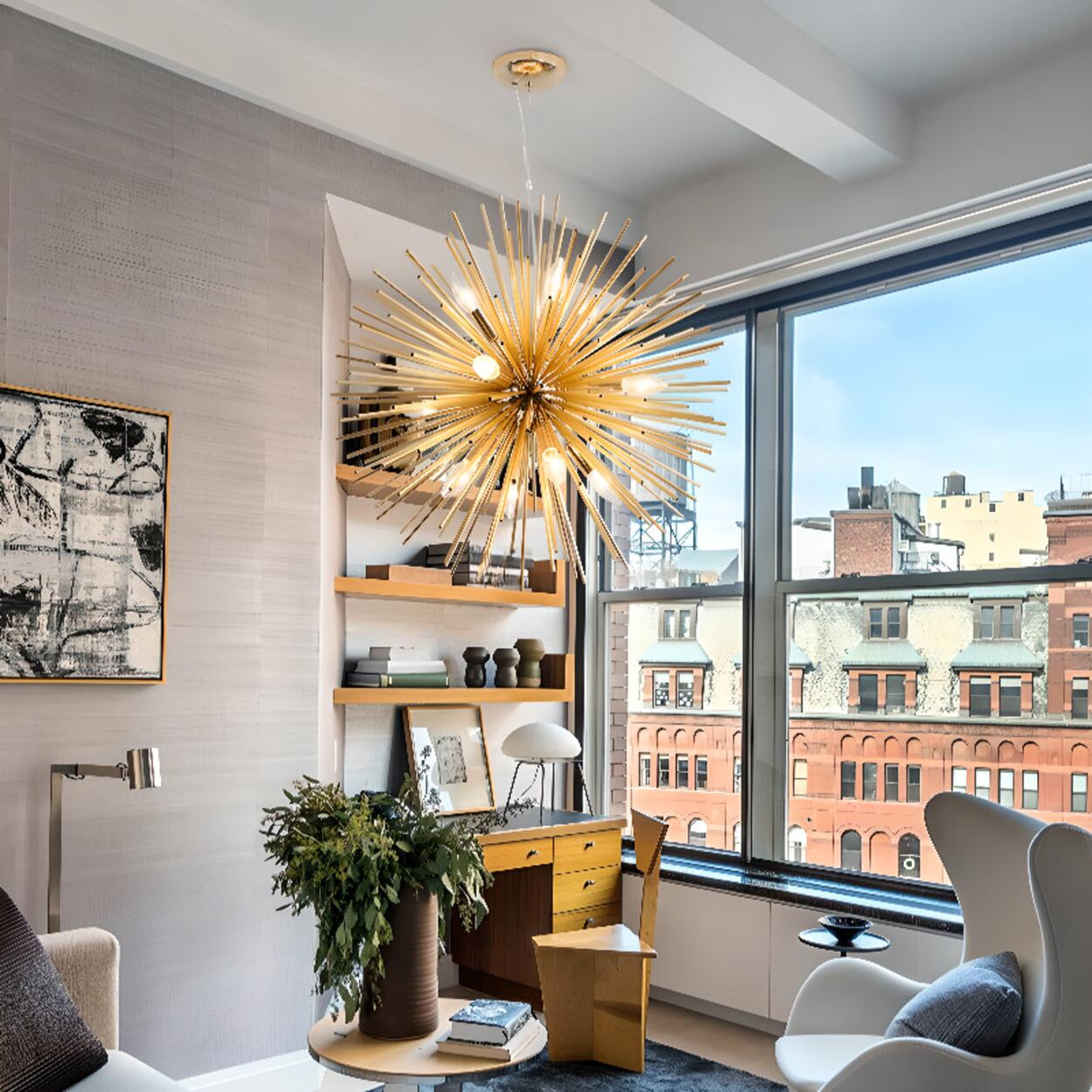 Modern Gold Sputnik Adjustable Height Chandelier Image - 2