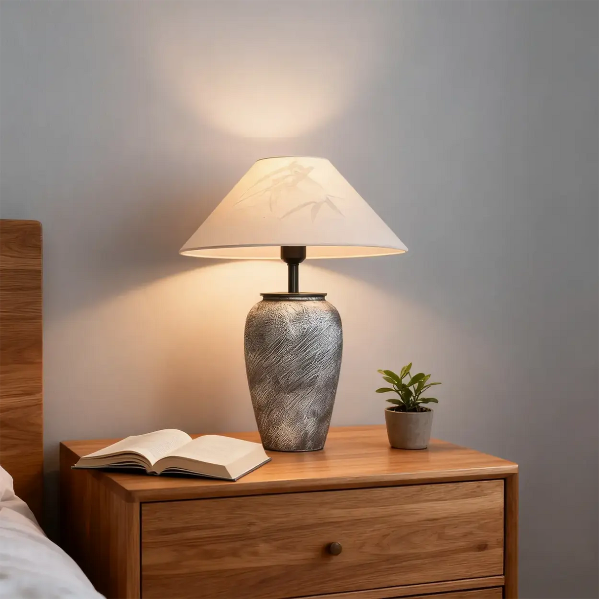 Modern Gray Ceramic Table Lamp with Cone Fabric Shade Image - 1