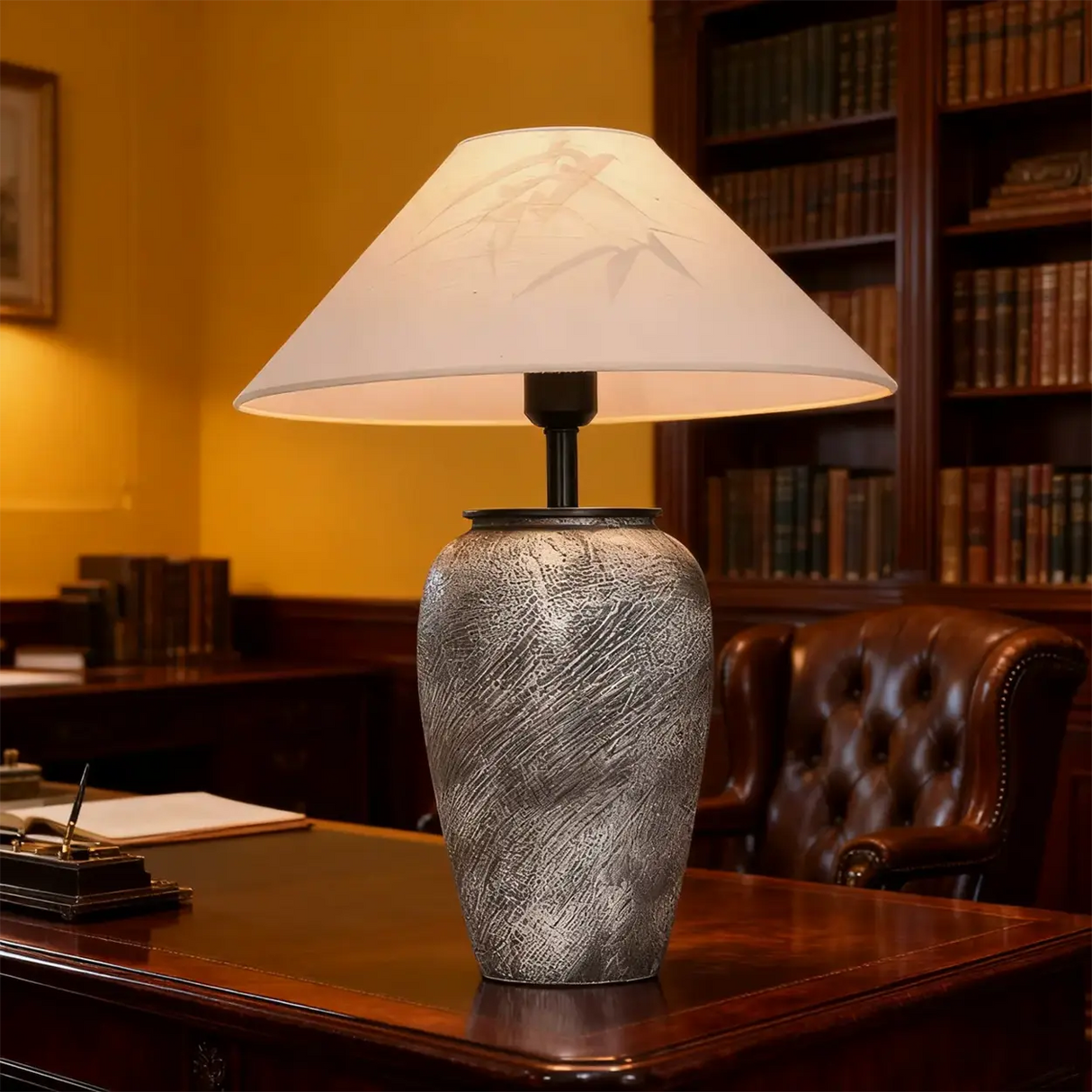 Modern Gray Ceramic Table Lamp with Cone Fabric Shade Image - 3