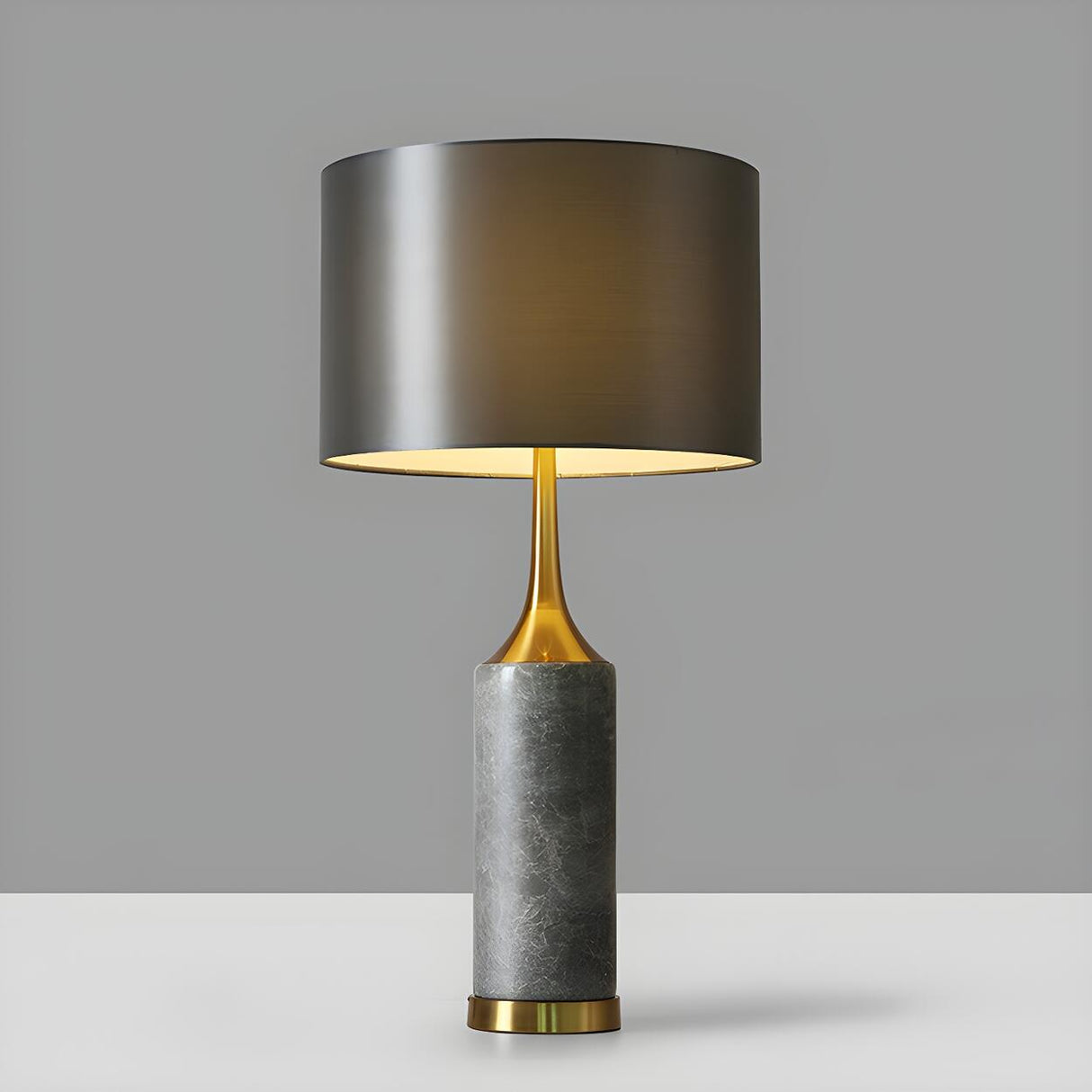 Modern Gray Column Marble Base Drum Shade Table Lamp Image - 7