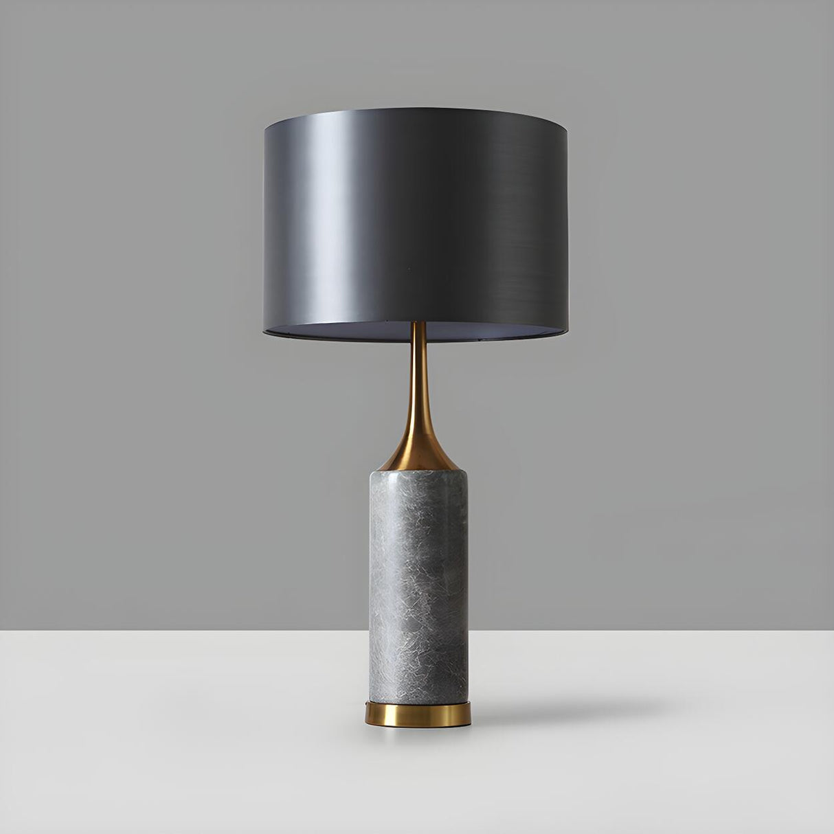 Modern Gray Column Marble Base Drum Shade Table Lamp Image - 8