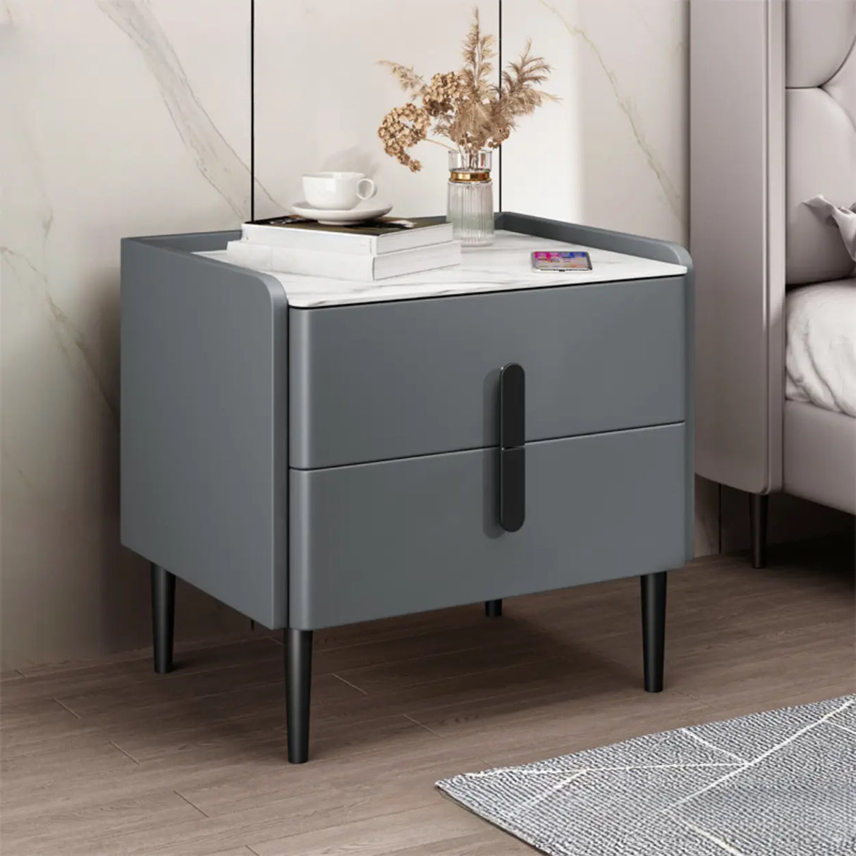 Modern Gray Nightstand with Marble Top and Storage Drawers Image - 1