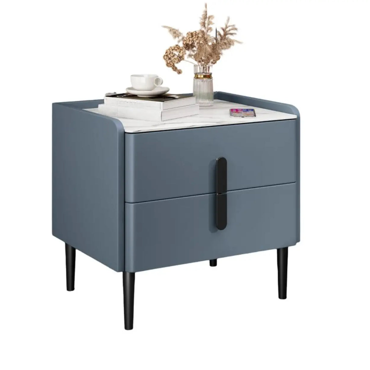Modern Gray Nightstand with Marble Top and Storage Drawers Image - 10
