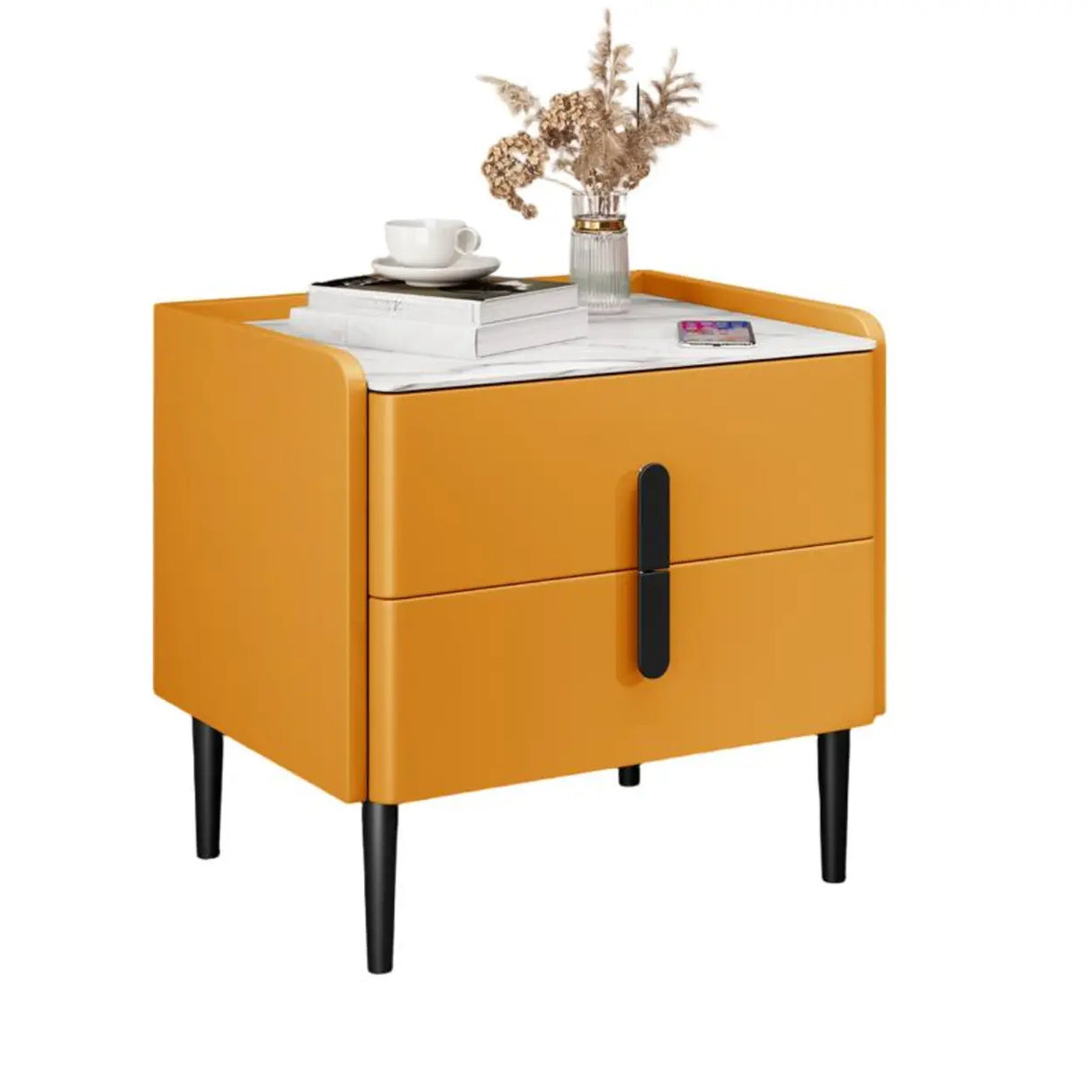 Modern Gray Nightstand with Marble Top and Storage Drawers Image - 11