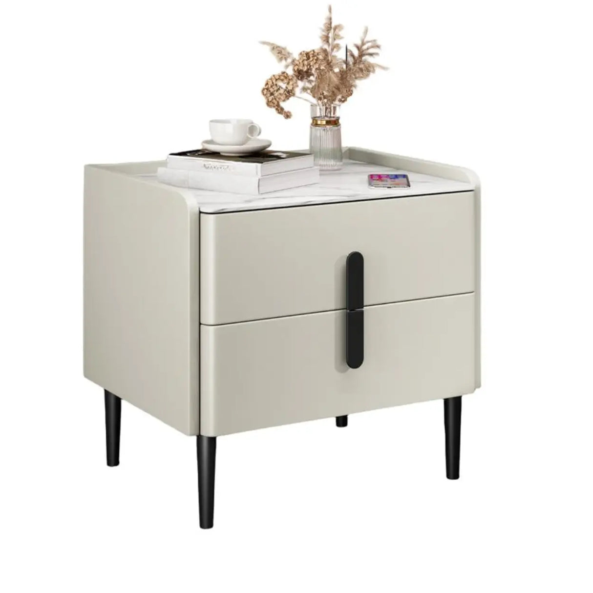 Modern Gray Nightstand with Marble Top and Storage Drawers Image - 12