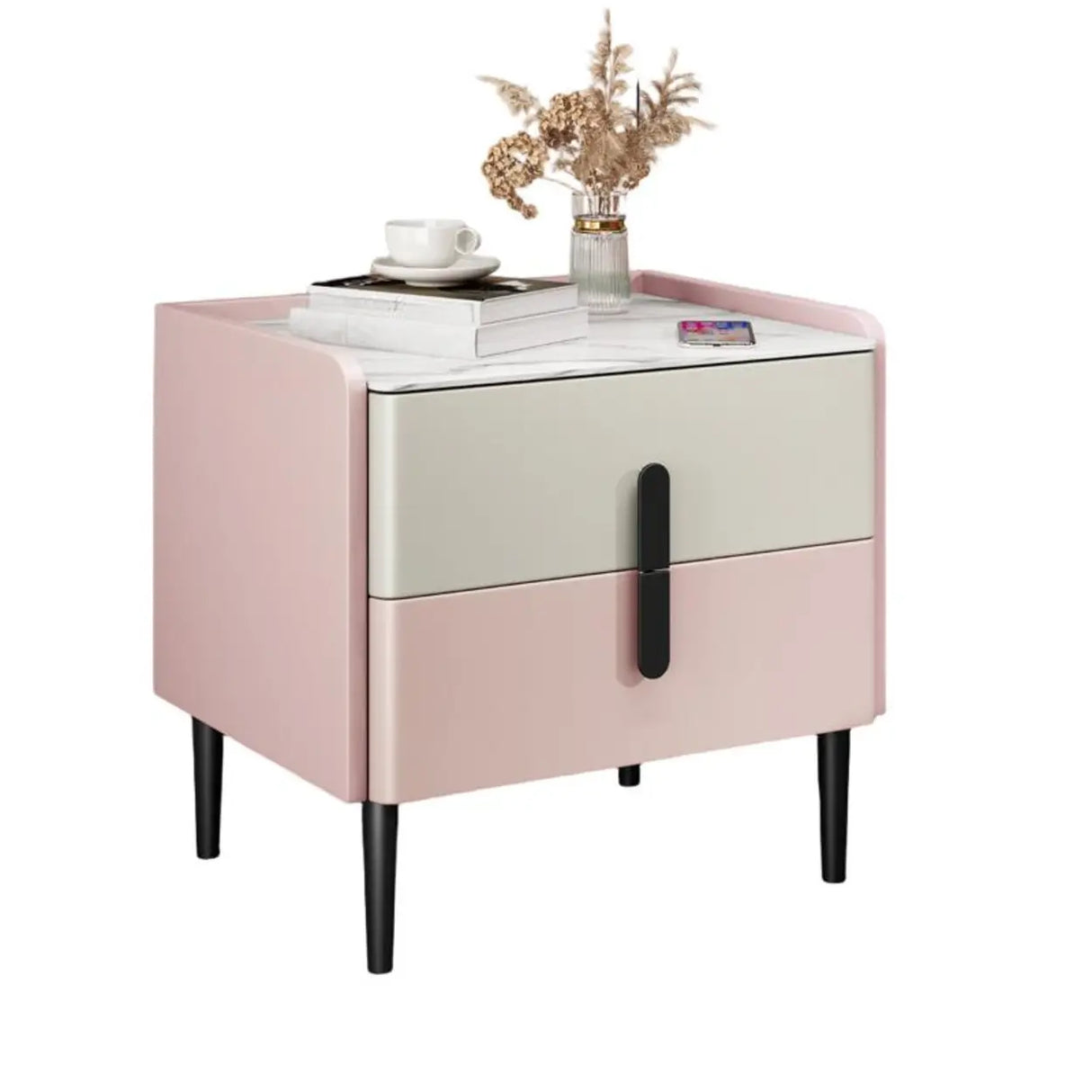 Modern Gray Nightstand with Marble Top and Storage Drawers Image - 13