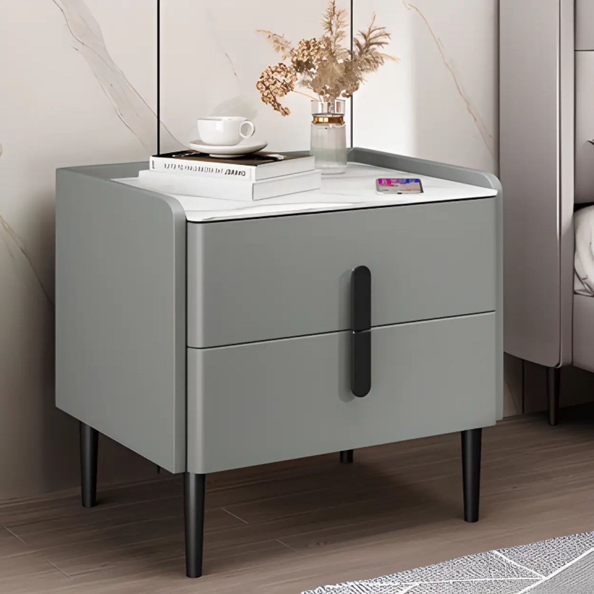 Modern Gray Nightstand with Marble Top and Storage Drawers Image - 14
